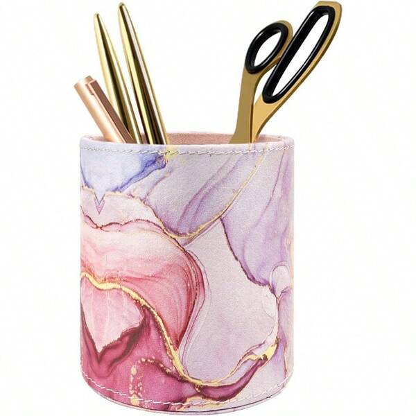 Pen Holder For Women Girls Pencil Cup Pink Desk Decor Makeup Brush Holder Large Pu Leather MultiFunctional Organizer Cup For Office Classroom Home Colorful Marble