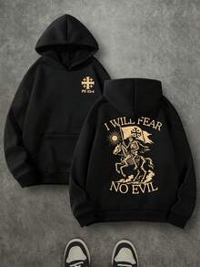 'I WILL FEAR NO EVIL' Unisex Christian Hoodie, Christian Scripture Hoodie, Double Sided Printed (250g Polyester Fiber) Long Sleeve Fleece Hoodie, Christian Gifts, Casual Athletic Fall Hoodie, Men And Women's Long Sleeve Fleece Hoodie For Autumn And Winter, An Ultra-Soft And Comfortable Gift - màu đen - Xem 1