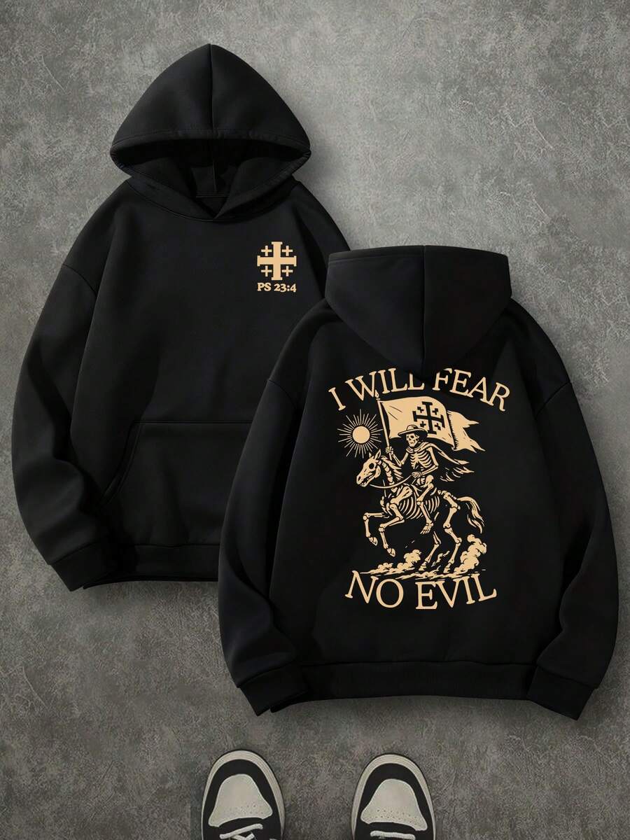 'I WILL FEAR NO EVIL' Unisex Christian Hoodie, Christian Scripture Hoodie, Double Sided Printed (250g Polyester Fiber) Long Sleeve Fleece Hoodie, Christian Gifts, Casual Athletic Fall Hoodie, Men And Women's Long Sleeve Fleece Hoodie For Autumn And Winter, An Ultra-Soft And Comfortable Gift - màu đen - Xem 1
