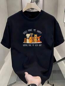 Camiseta de animal: El perro hace felices a los humanos, me duele la cabeza (Dueño de perro) Camiseta de manga corta de algodón de 220 g, impresión por una cara - Negro - Ver 1