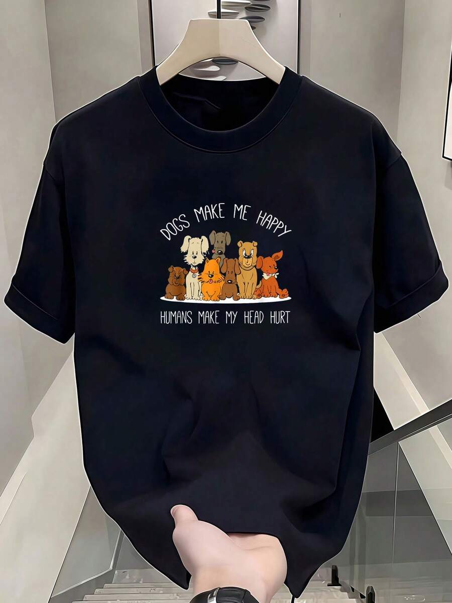 Camiseta de animal: El perro hace felices a los humanos, me duele la cabeza (Dueño de perro) Camiseta de manga corta de algodón de 220 g, impresión por una cara - Negro - Ver 1