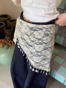 圣诞三角围巾黑白蕾丝面纱流苏饰边头巾披肩新娘面纱情人节配饰，婚礼发饰 - 彩色 - 查看 2