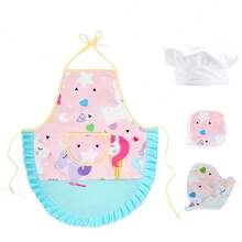 粉色儿童围裙套装 - 可爱的厨师烹饪烘焙围裙，适合女孩，幼儿厨房角色扮演服装，配有帽子、手套和口袋，是艺术、烹饪课、生日礼物或万圣节服装的理想选择。 - 彩色 - 查看 8