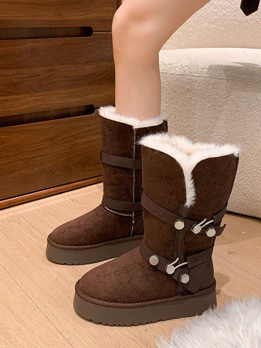 Modne, uniwersalne, skórzane, ciepłe kozaki do połowy łydki z klamrą, grube, futrzane buty śnieżne dla kobiet, nowy zimowy design - Brązowy - Zobacz 1