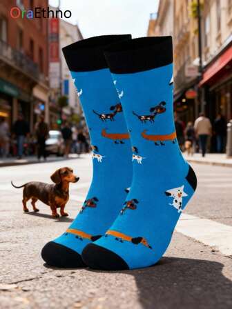 1双男女通用可爱腊肠犬印花中筒袜，趣味动物主题设计，适合日常穿着和送礼。