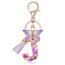 JINGUAZI Initial Letter Keychains For Women Tassel Butterfly Pink Purple Cute Car Keychain For Wallet Backpack Bag Charm{Inchcolor_nameinch:InchJ-Purpleinch} - J-ungu - View 1