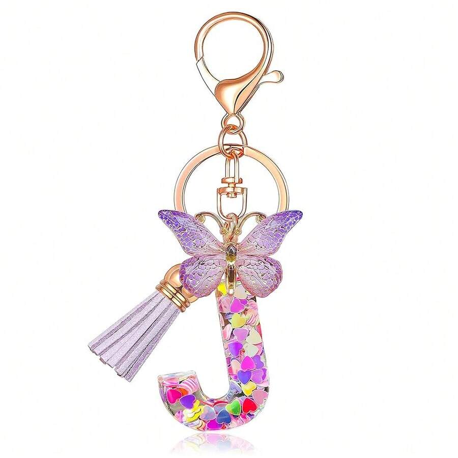 JINGUAZI Initial Letter Keychains For Women Tassel Butterfly Pink Purple Cute Car Keychain For Wallet Backpack Bag Charm{Inchcolor_nameinch:InchJ-Purpleinch} - J-ungu - View 1
