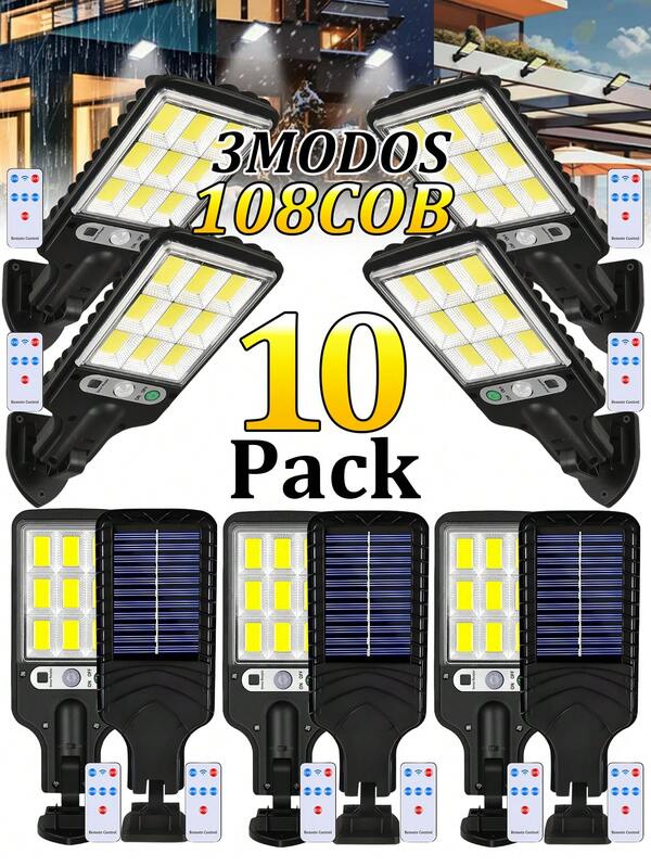 10 piezas Luces Solares de Exterior 3 modos(con mando a distancia),luces de calle solares led para exterior,Lámpara Solar Led,detección de movimiento humano,108COB Luces LED de Impermeables, jardín, terraza, puerta de garaje, alumbrado público.