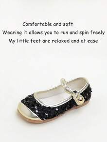 1 Pair Cute, Sweet, Elegant Sequin Patchwork Mary Jane Flat Shoes For Girls, Suitable For School, Commuting, All Seasons - Black - View 8