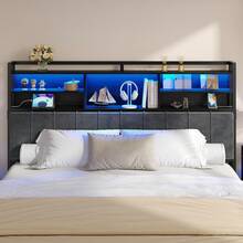 HEXCELEN Headboard With 3-Tier Storage Shelves, Velvet Upholstered Head Board With 2 Outlets, USB Ports & LED Light, Soft Backrest For King/Queen Size Bed - 黑色 - 查看 3