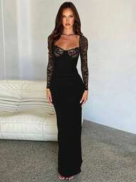 Abito aderente a maniche lunghe con patchwork in pizzo sexy alla moda