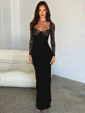 时尚性感蕾丝拼布修身长袖连衣裙