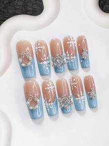 10pcs Christmas Nail Art Set, Including Blue French Manicure Stickers, Hand-Painted Snowflake Nails, 3D Christmas Wreath & Tree Nail Decorations, Diamond Snowflake False Nails, Blue Nail Polish, Suitable For Christmas, Parties, Weddings, Daily Wear, Comes With Tool Kit, Great Gift For Women & Girls, Long-Lasting - 彩色 - 查看 14
