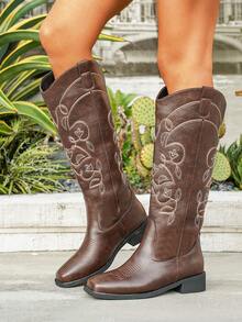 女士棕色V型高筒靴，复古修身刺绣西部牛仔靴，2025秋冬款 - 咖啡棕 - 查看 4