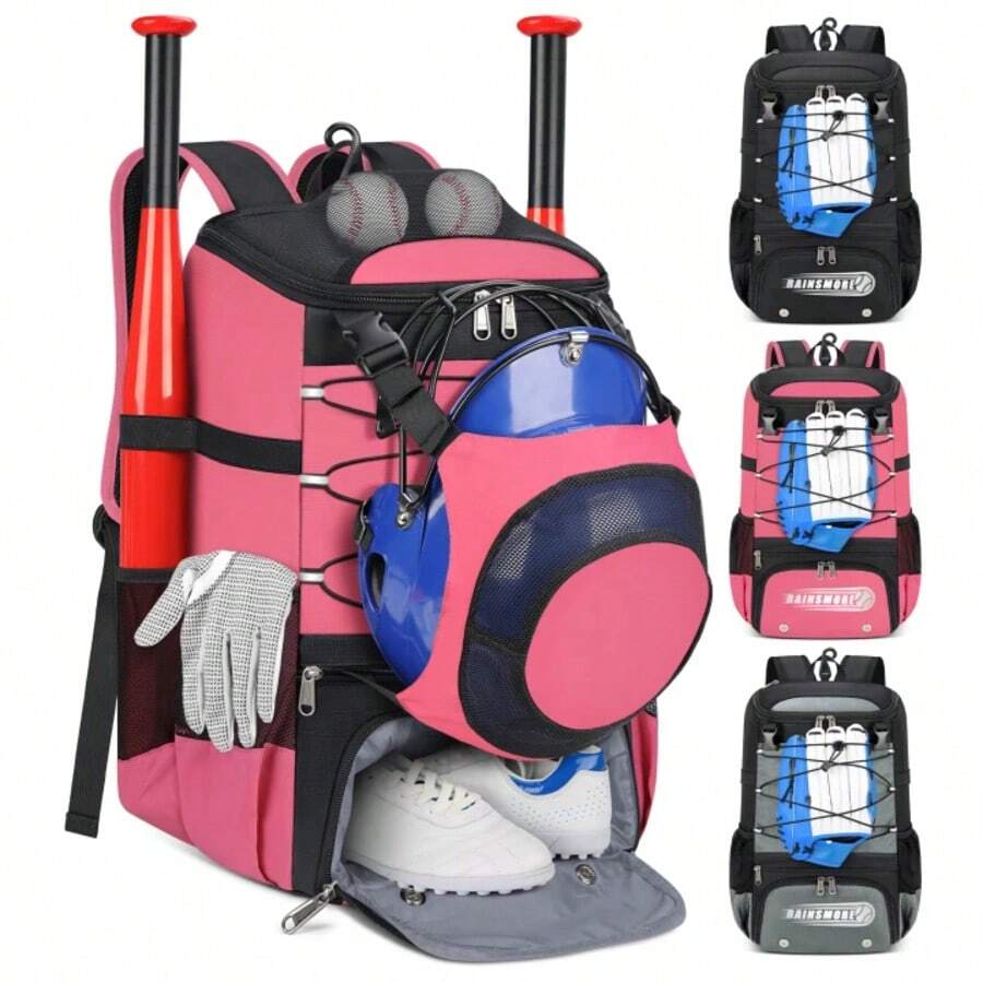 Baseball Bag For Youth & Adult Lightweight Softball Bat Bag With Shoe Compartment, External Helmet Holder And Fence Hook Waterproof Baseball Backpack Hold T-Ball, Bat And Softball Equipment - 粉色 - 查看 1