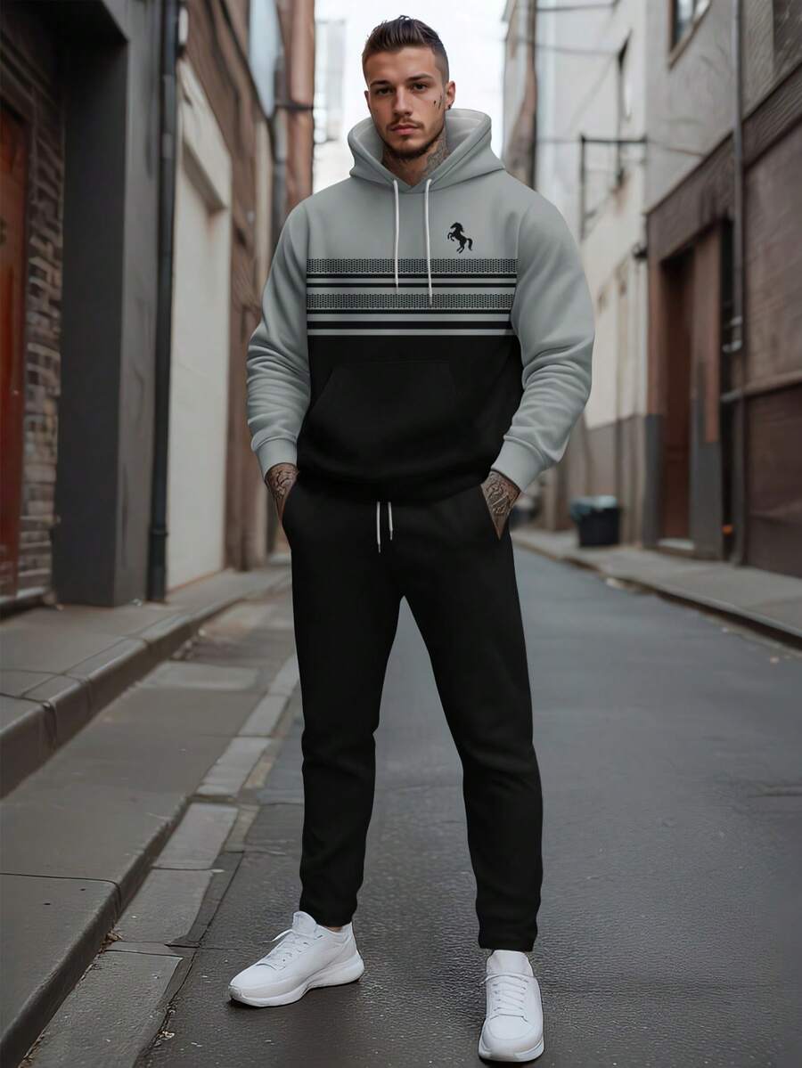 Men's Business Casual Drawstring Hooded Sweatshirt And Pants Set - Grey - View 1