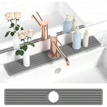 Diatomite Faucet Kitchen Sink With Raised Pads Cleaning Brush, Absorbent Fast Drying Stone Sink Tray, Splash Guard Protector Bathroom Counter White, 23.6x 3.9 - 23.6" X 3.9" + Grey - View 2