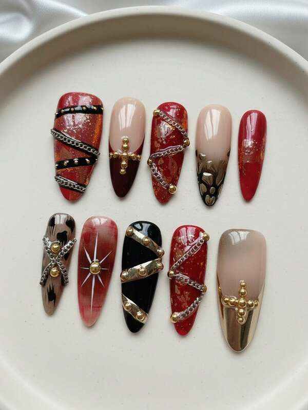 ¡Cambia tus uñas! 10 uñas postizas hechas a mano de almendra de longitud media-larga - Uñas de leopardo con degradado rojo y negro gótico, francesas doradas con degradado, cruz, cadena dorada, cuentas doradas y acentos 3D de estrella; Set de uñas removibles y reutilizables (incluye pegamento de gelatina y lima de uñas) - Perfecto para uso diario y fiestas