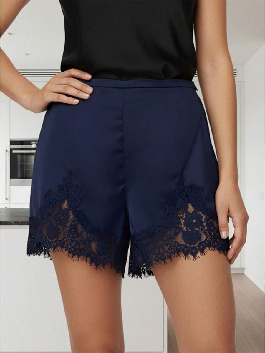 Women Satin Silk Shorts Lace Trim Patchwork Mini Micro Shorts Silky Elastic Waist High Rise Coquette Lounge Slip Bottoms Y2k Summer Wide Leg Lounge Shorts For Streetwear - Màu xanh lam - Xem 1