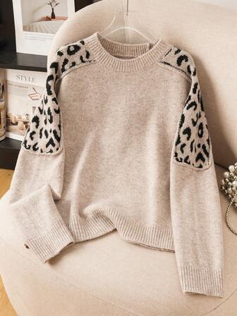 Women's Beige & Black Leopard Print Arctic Fleece Sweater - Raglan Sleeve Crew Neck, Cozy Thermal Pullover For Fall And Winter | Casual Comfort Essential