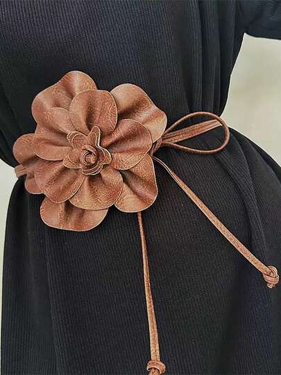 1pc Solid Color Bohemian Casual Elegant PU Leather Fashion Women Black Floral Decor Waist Rope Belt, Suitable For All Seasons