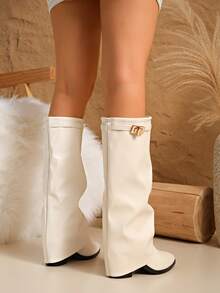 1 Pair Wide Shaft Folding Pleated Denim Boots, Metal Buckle Details Elevate The Sophistication, Solid Color Western Style Super Fiber Leather Button Mid-Calf & Knee-High Boots, Holiday - White - View 6