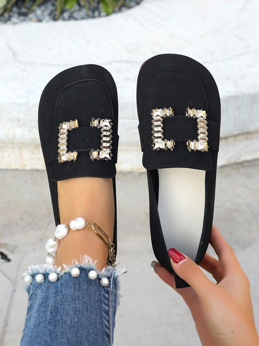 Women's Round Toe Flat Loafers, 2025 New Soft Bottom Slip-On Shoes With Rhinestones, Square Buckle Flat Canvas Shoes, Moccasins - Black - View 1
