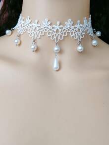 1pc Lace & Pearl Choker Necklace, Gentle Elegant Collar Necklace Chain Suitable For Daily Wear, Vacation, Wedding