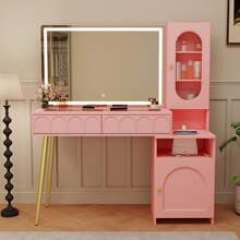 47.5" Big Modern Vanity  With Mirror And Lights, Fluted Makeup Vanity With Glass Top, Vanity Desk With 2 Drawers & Glass Cabinet, Wood Vanity With Storage Cabinet,3 Lighting Modes For Bedroom,Gift For Girls Women - Xem 10