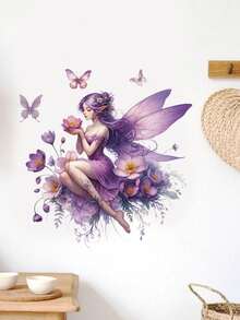1pc Multi-Size PVC Removable Wall Sticker, Featuring Elegant Purple Fairy, Butterfly Bouquet, Girl Silhouette With English Letters, Cute Fairy On Swing, Clouds And Hearts Decor, Suitable For Bedroom, Living Room, Study, Dining Room, Bathroom, Home Wall Decoration - Multicolor - View 14