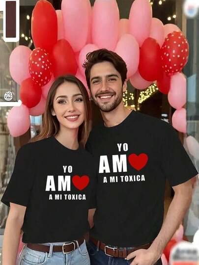 Camisetas a juego para parejas de San Valentín para él y para ella - Letra de amor roja y estampado de corazón 100% poliéster 180gsm Lavable a máquina Regalo casual de aniversario para parejas