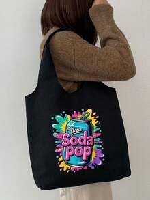 Print With Soda Pop Pattern Shoulder Bag And Cosmetic Bags Set, Shopping Bag,Multi Functional Portable Handbag, Shoulder Bag,Large Capacity Fashion Simple Style Durable Gunny Bag,Skin Care Product Storage Bags,Makeup Bag, For Handbags,Suitable With Suitable For Outdoor Picnics, Parties, Travel And Shopping, Gifts For Family And Friends - Black - View 3