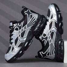 Men's Solid Color Black Casual Sneakers - Versatile, Non-Slip Fashion Comfort Shoes With Lace-Up Closure, PU Upper & PVC Sole For Casual Attire And Running - Black And Silver - View 2