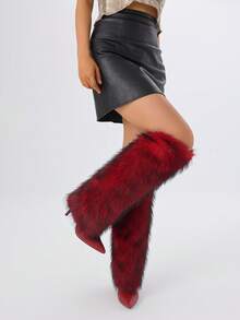 Women's Faux Fur Boot Furry Fluffy Stiletto High Heel Knee High Warmplush Shoes Luxury Fashion Design Sexy Winter Boots For Woman - Đỏ - Xem 6