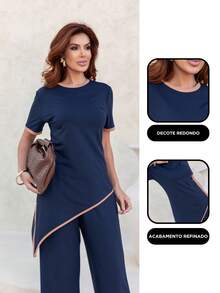 Maria do Luxo Women's Sweatshirt Set, Blouse And Pants With Pockets - Navy Blue - View 2
