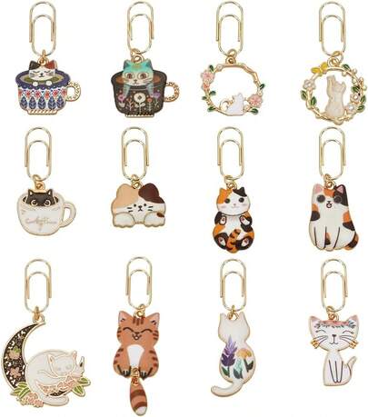 OLYCRAFT 12 ペーパークリップ猫カップ型猫クリップカラフルなページクリップブックマークブックマーク布装飾オフィス文具ファイル整理招待状メモ帳