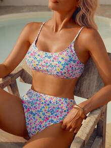 wohenmeili 休闲花卉印花高腰吊带比基尼套装，带十字交叉露背细节，高弹力两件套泳衣 - 白底藍黃粉 - 查看 3