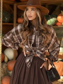YI XUAN Plus Size Women's Vintage Bohemian Style Autumn Jacket, Casual Retro Plaid Hidden Button Jacket, Bohemian Style, Suitable For Autumn And Winter Wear - Multicolor - View 2