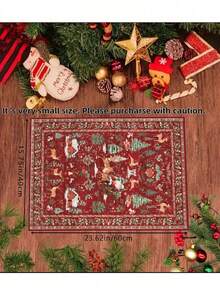 1 Pc Christmas Tree And Santa & Reindeer Beige Carpet, Non-Skid And Washable, Very Suitable For Living Room, Bedroom, Hallway, Indoor And Outdoor Use, Easy Home Christmas Decoration And Room Decoration