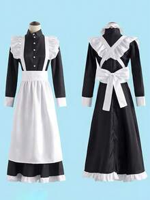 中性の風格の男のメイドの服-フリルの長い款のエプロン、甘いクールな風の黒のタートルネックのシャツとレースのエプロン机は洗濯することができて、適して、テーマのパーティー、アニメの展示会に着て着て、エプロン、精致の裁縫、構造は設計を製造して、男のメイドの服の大きいサイズのコスプレ女装男のカフェの実体の店の招待員の制服です - ブラック&ホワイト - チェックする 9