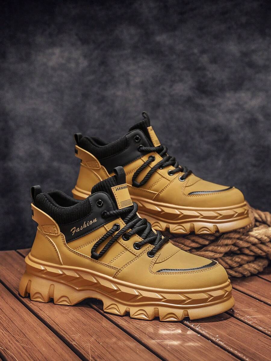 Men's High-Top Fashion Work Boots, Casual Vintage Comfortable Elevator Outdoor Hiking Shoes - Earthy Yellow - View 1