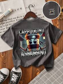 Young Boy Cartoon Print Short Sleeve T-Shirt - Dark Grey - View 3