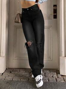 Womens Casual Black Denim Ripped Straight Leg Jeans With Pockets And Zipper Long Plain Style - 黑色 - 查看 1