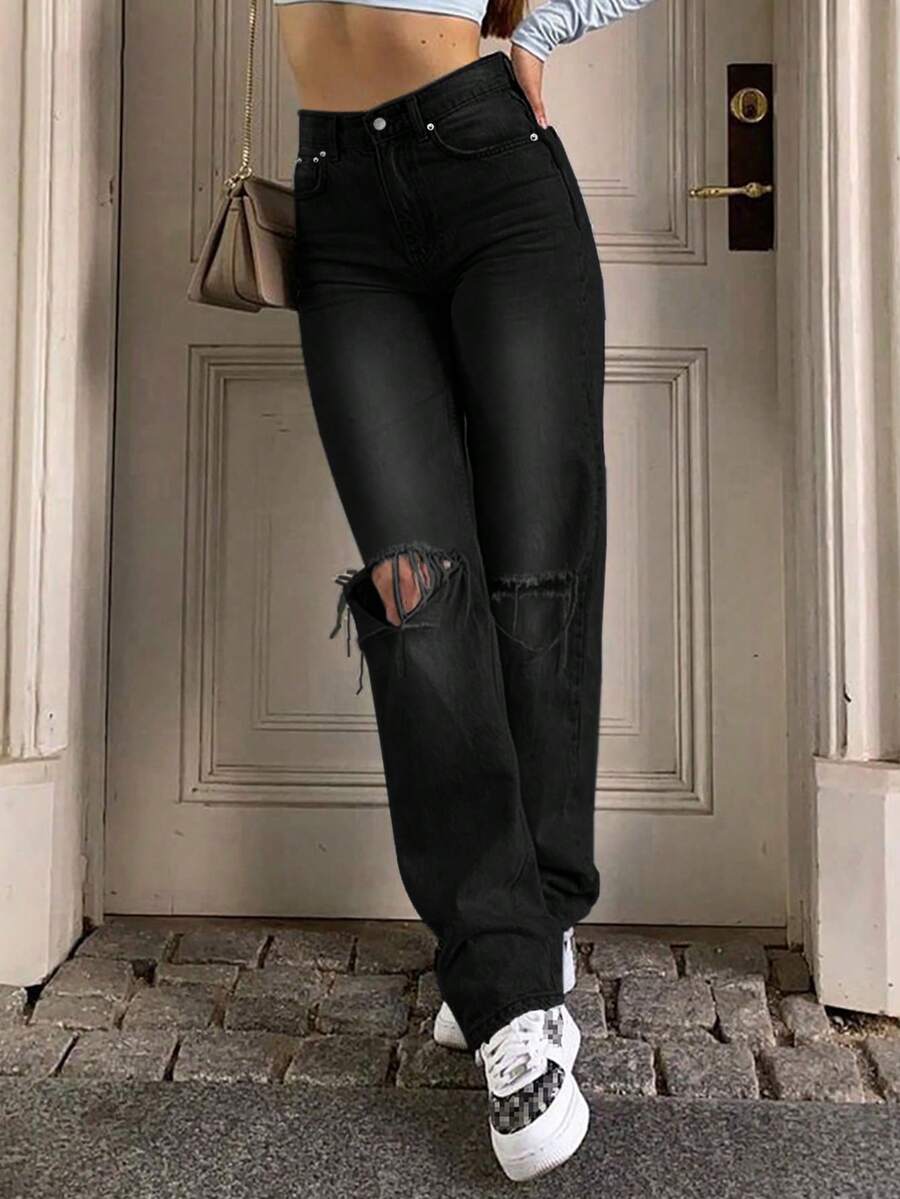 Womens Casual Black Denim Ripped Straight Leg Jeans With Pockets And Zipper Long Plain Style - 黑色 - 查看 1