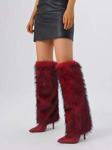 Women's Faux Fur Boot Furry Fluffy Stiletto High Heel Knee High Warmplush Shoes Luxury Fashion Design Sexy Winter Boots For Woman - Đỏ - Xem 5