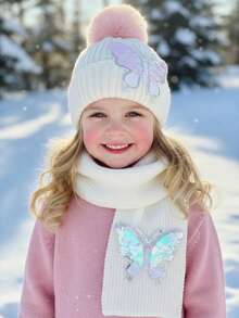 مجموعة قبعة وأوشحة مزينة بالترتر على شكل فراشة للأطفال البنات، مجموعة إكسسوارات شتوية دافئة - 2 قطعة - مشاهدة 8