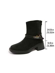 Fall/Winter Suede Mid-Heel Square Toe Solid Color Commuting Slimming Chunky Heel Back Zipper Fashion Ankle Boots - Black - View 8