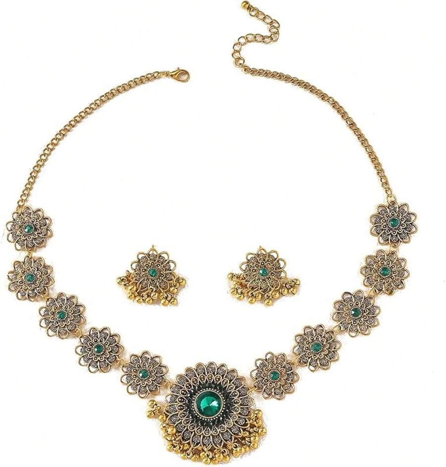 Bollywood Jewelry Sets Women Wedding Party Jewelry Flower Tassel Beaded Dangle Earring Oxidized Choker Necklace Gold-Tone Plated Zirconia Jhumkas Chandelier Earrings Boho Jewelry - 綠色 - 查看 1
