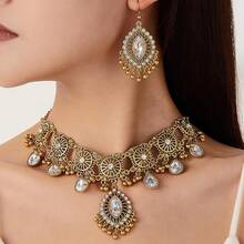 Retro Hollow Out Jewellery Set Traditional Bridal Choker Necklace Earring Women Bollywood Statement Boho Exaggerated Antique Oxidized Beads Tassel Classic Wedding Party - 清除 - 查看 3