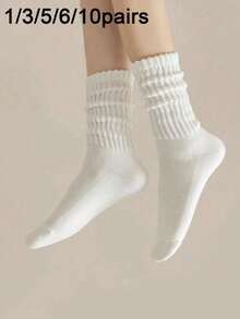 1/3/5/6/10 双装女士纯白色中筒袜，简约时尚休闲百搭保暖柔软弹力耐穿中筒袜，适合日常穿着 - 白色 - 查看 12